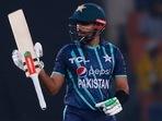 Babar Azam celebrates after scoring fifty during the sixth twenty20 cricket match between Pakistan and England(AP) Babar Azam celebrates after scoring fifty during the sixth twenty20 cricket match between Pakistan and England(AP)