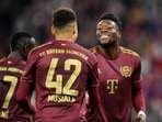 Bayern Munich's Jamal Musiala celebrates scoring their second goal with Alphonso Davies&nbsp;