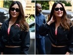 Kareena Kapoor Khan teams all-black crop jacket with pink sports bra for an outing. (HT Photo/Varinder Chawla) Kareena Kapoor Khan teams all-black crop jacket with pink sports bra for an outing. (HT Photo/Varinder Chawla)