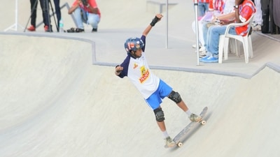 The new skate park at the Sabarmati riverfront was buzzing with youthful energy and nervous excitement as the sport made its National Games debut. (HT) The new skate park at the Sabarmati riverfront was buzzing with youthful energy and nervous excitement as the sport made its National Games debut. (HT)