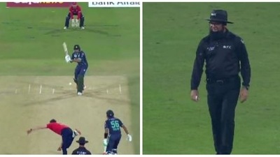 Aleem Dar suffered an injury scare after Pakistani batter Haider Ali accidentally struck the match umpire (Twitter @Pakistan Cricket) Aleem Dar suffered an injury scare after Pakistani batter Haider Ali accidentally struck the match umpire (Twitter @Pakistan Cricket)