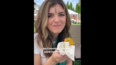 Columbian woman tried jalebi for the first time (Instagram/@collengowda) Columbian woman tried jalebi for the first time (Instagram/@collengowda)