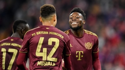 Bayern Munich's Jamal Musiala celebrates scoring their second goal with Alphonso Davies&nbsp; (REUTERS)