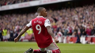 Arsenal's Gabriel Jesus celebrates after scoring his side's second goal during the English Premier League soccer match between Arsenal and Tottenham Hotspur, at Emirates Stadium. (AP) Arsenal's Gabriel Jesus celebrates after scoring his side's second goal during the English Premier League soccer match between Arsenal and Tottenham Hotspur, at Emirates Stadium. (AP)
