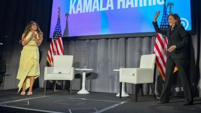 Vice President Kamala Harris arrives to speak with Priyanka Chopra Jonas, left, at the DNC Women's Leadership Forum, Friday, Sept. 30, 2022, at The Mayflower Hotel, in Washington. (AP Photo/Jacquelyn Martin) (AP) Vice President Kamala Harris arrives to speak with Priyanka Chopra Jonas, left, at the DNC Women's Leadership Forum, Friday, Sept. 30, 2022, at The Mayflower Hotel, in Washington. (AP Photo/Jacquelyn Martin) (AP)