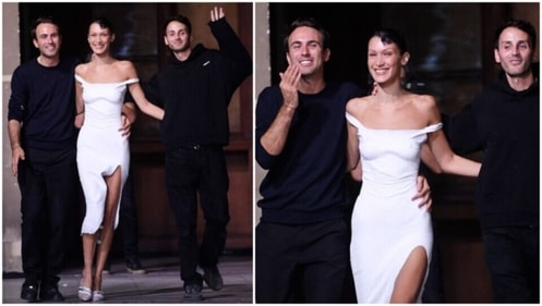 French designers Sebastien Meyer and Arnaud Vaillant with Bella Hadid. (AFP) French designers Sebastien Meyer and Arnaud Vaillant with Bella Hadid. (AFP)