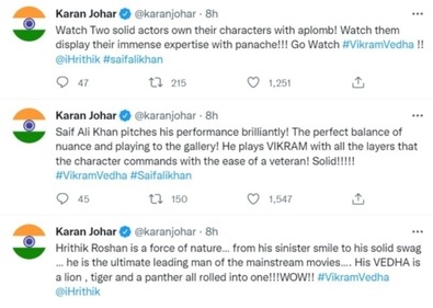 Karan Johar took to Twitter to praise Vikram Vedha. Karan Johar took to Twitter to praise Vikram Vedha. 
