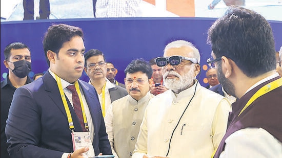 Prime Minister Narendra Modi during the inauguration of the 6th India Mobile Congress at Pragati Maidan in New Delhi on Saturday. (PTI)