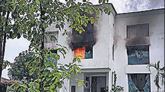 Pauri Garhwal: Smoke billows from a factory owned by Pulkit Arya after locals set it on fire, in Pauri Garhwal district, Saturday, Sept. 24, 2022. Police arrested Arya along with two employees of a resort owned by him in connection with its probe into the murder of a female resort receptionist, on Friday. (PTI Photo)(PTI09_24_2022_000111B) (PTI) Pauri Garhwal: Smoke billows from a factory owned by Pulkit Arya after locals set it on fire, in Pauri Garhwal district, Saturday, Sept. 24, 2022. Police arrested Arya along with two employees of a resort owned by him in connection with its probe into the murder of a female resort receptionist, on Friday. (PTI Photo)(PTI09_24_2022_000111B) (PTI)