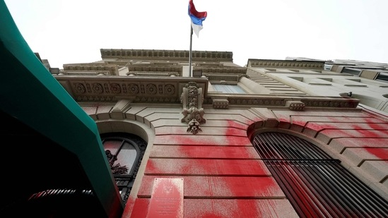 Russian Consulate In New York: The Russian consulate in New York after it was vandalised with red spray paint.(AFP) Russian Consulate In New York: The Russian consulate in New York after it was vandalised with red spray paint.(AFP)