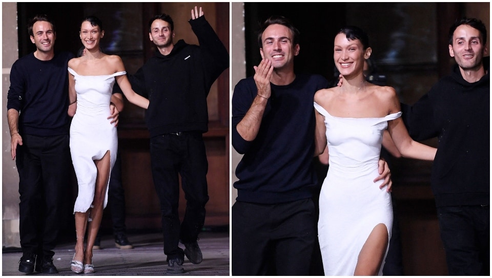 French designers Sebastien Meyer and Arnaud Vaillant with Bella Hadid.&nbsp;(AFP)