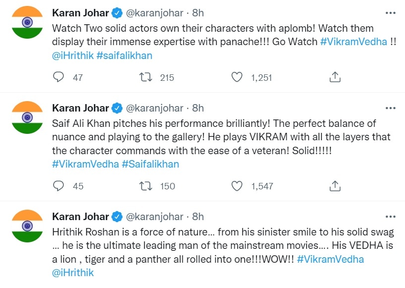 Karan Johar took to Twitter to praise Vikram Vedha.&nbsp;