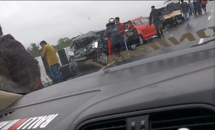 The accident happened near Channapatna on the newly-widened Bengaluru-Mysuru expressway. (Screengrab of Twitter video/Pratap Simha) The accident happened near Channapatna on the newly-widened Bengaluru-Mysuru expressway. (Screengrab of Twitter video/Pratap Simha)