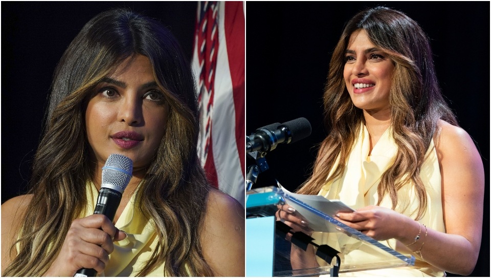 Priyanka Chopra wore a halter-neck yellow dress.&nbsp;(Bloomberg, AP)