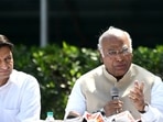Congress presidential candidate Mallikarjun Kharge addresses the press conference after resigning from the post of Leader of Opposition in Rajya Sabha on the day of filing the nomination, in New Delhi on Sunday. Party leader Deepender Hooda is also seen.(ANI Photo)