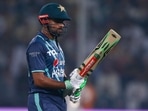 Pakistan's Babar Azam reacts as he walks off the field after losing his wicket during the fifth twenty20 cricket match vs England, in Lahore. Pakistan's Babar Azam reacts as he walks off the field after losing his wicket during the fifth twenty20 cricket match vs England, in Lahore.