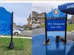 Signboard at the Shri Bhagvad Gita Park in Brampton, Canada, which was allegedly vandalised. (Twitter/@HCI_Ottawa) Signboard at the Shri Bhagvad Gita Park in Brampton, Canada, which was allegedly vandalised. (Twitter/@HCI_Ottawa)