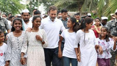Congress leader Rahul Gandhi with supporters during the party's Bharat Jodo Yatra, at Badanavalu village, in Karnataka’s Mysuru on Sunday. (ANI)