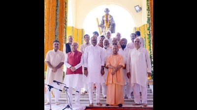 U.P. chief minister Yogi Adityanath with BJP leaders and ministers after paying tribute to Mahatma Gandhi in Lucknow on Sunday. (HT photo) U.P. chief minister Yogi Adityanath with BJP leaders and ministers after paying tribute to Mahatma Gandhi in Lucknow on Sunday. (HT photo)