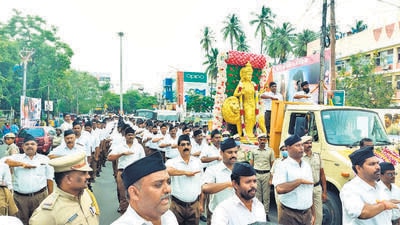 More than 500 RSS volunteers from various shakas (branches) participated in the march in Puducherry, which culminated in a public meeting. (ANI) More than 500 RSS volunteers from various shakas (branches) participated in the march in Puducherry, which culminated in a public meeting. (ANI)