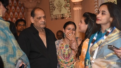 Kajol and Tanishaa Mukerji met uncle Deb Mukherjee at Juhu's Durga Puja pandal. His son and Brahmastra director Ayan Mukerji is yet to join them for Durga Puja celebrations. He wasn't spotted at the Juhu pandal on Saturday. (Varinder Chawla) Kajol and Tanishaa Mukerji met uncle Deb Mukherjee at Juhu's Durga Puja pandal. His son and Brahmastra director Ayan Mukerji is yet to join them for Durga Puja celebrations. He wasn't spotted at the Juhu pandal on Saturday. (Varinder Chawla) 