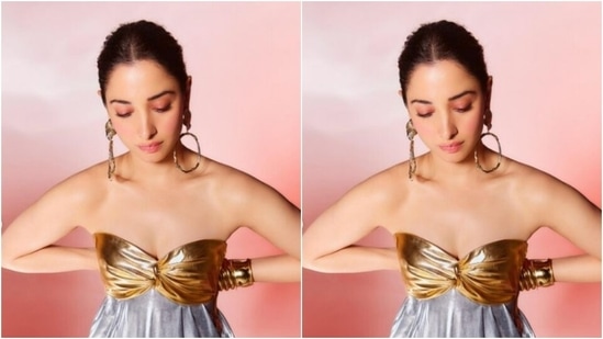 Tamannaah looked super stylish in the gold and silver gown as she made her fans drool.(Instagram/@tamannaahspeaks)