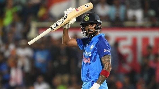 KL Rahul celebrates after scoring a half-century during the second T20I against South Africa at the Assam Cricket Association Stadium in Guwahati(AFP)