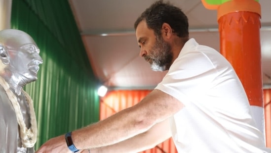 Rahul Gandhi offers floral tributes to Mahatma Gandhi at Badanavalu of Mysuru.