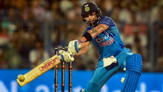 Virat Kohli plays a shot during the 2nd T20I between India and South Africa at Barsapara Cricket Stadium in Guwahati(PTI)