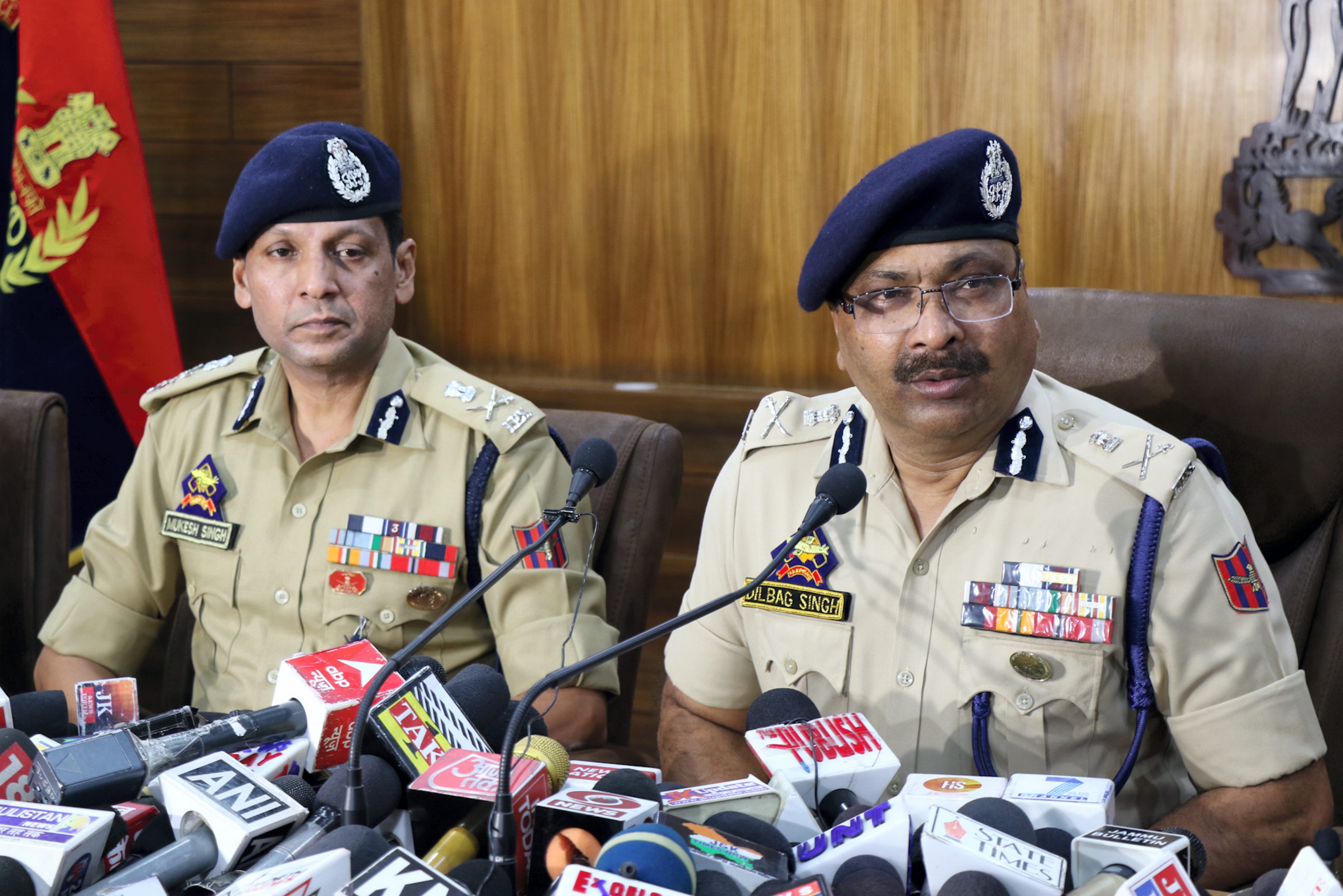 J&K DGP Dilbag Singh and ADGP Mukesh Singh address a press conference regarding the Udhampur twin blasts in Jammu. (PTI) J&K DGP Dilbag Singh and ADGP Mukesh Singh address a press conference regarding the Udhampur twin blasts in Jammu. (PTI)