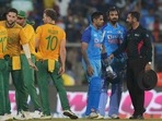 India's Suryakumar Yadav,third left, and KL Rahul greet the umpire(AP) India's Suryakumar Yadav,third left, and KL Rahul greet the umpire(AP)