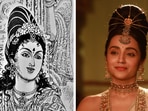 Kundavai, as drawn by Maniam (on left) and as portrayed by Trisha Krishnan in PS1 (on right). Kundavai, as drawn by Maniam (on left) and as portrayed by Trisha Krishnan in PS1 (on right).