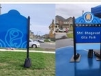 Signboard at the Shri Bhagvad Gita Park in Brampton, Canada, which was allegedly vandalised. (Twitter/@HCI_Ottawa) Signboard at the Shri Bhagvad Gita Park in Brampton, Canada, which was allegedly vandalised. (Twitter/@HCI_Ottawa)