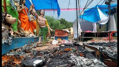 The materials used in the construction of the pandal — polythene, polyester cloth, bamboo and paper — were also inflammable, officials said. (Rajesh Kumar) The materials used in the construction of the pandal — polythene, polyester cloth, bamboo and paper — were also inflammable, officials said. (Rajesh Kumar)