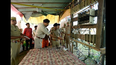 After a fire broke out in a Durga Puja pandal in UP’s Badohi district on Sunday, killing five people, the Gautam Budh Nagar police on Monday swung into action and reviewed fire preparedness at the Ramlila fairs and Durga Puja venues in Noida and Greater Noida. (Sunil Ghosh /Hindustan Times) After a fire broke out in a Durga Puja pandal in UP’s Badohi district on Sunday, killing five people, the Gautam Budh Nagar police on Monday swung into action and reviewed fire preparedness at the Ramlila fairs and Durga Puja venues in Noida and Greater Noida. (Sunil Ghosh /Hindustan Times)