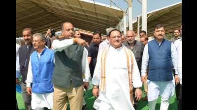 Himachal CM Jai Ram Thakur and BJP national president JP Nadda taking stock of preparations ahead of Prime Minister Narendra Modi’s visit in Bilaspur on Monday. (HT Photo) Himachal CM Jai Ram Thakur and BJP national president JP Nadda taking stock of preparations ahead of Prime Minister Narendra Modi’s visit in Bilaspur on Monday. (HT Photo)