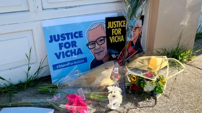 Vicha Ratanapakdee Death: &nbsp;Flowers are left with pictures of 84-year-old Vicha Ratanapakdee during a rally attended by hundreds of people in San Francisco. (AP)