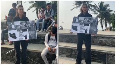 Mandana Karimi's solo protest for Iran in Mumbai. Mandana Karimi's solo protest for Iran in Mumbai.