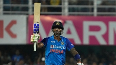 India's Suryakumar Yadav celebrates scoring fifty runs during the second T20 cricket match between India and South Africa (AP) India's Suryakumar Yadav celebrates scoring fifty runs during the second T20 cricket match between India and South Africa (AP)