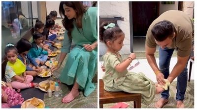 Shilpa Shetty, her husband Raj Kundra and daughter Samisha on Ashtami. Shilpa Shetty, her husband Raj Kundra and daughter Samisha on Ashtami.