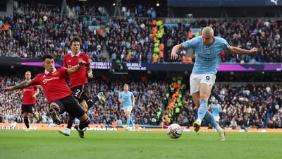 &nbsp;Manchester City's Erling Braut Haaland shoots at goal&nbsp; (REUTERS)