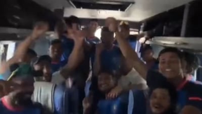 Rest of India players celebrate Mukesh Kumar's Team India selection. (Twitter) Rest of India players celebrate Mukesh Kumar's Team India selection. (Twitter)