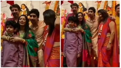 Ayan Mukerji with Rupali Ganguly and her family at a Durga Puja pandal. Ayan Mukerji with Rupali Ganguly and her family at a Durga Puja pandal. 