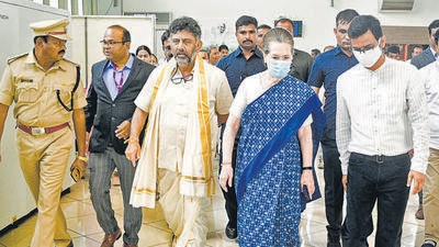 Interim Congress president Sonia Gandhi on Monday arrived in Mysuru for Bharat Jodo Yatra. (DK Shivakumar Twitter) Interim Congress president Sonia Gandhi on Monday arrived in Mysuru for Bharat Jodo Yatra. (DK Shivakumar Twitter)