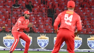 Chris Gayle in action during Legends Cricket League (LLCT20)