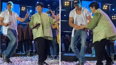 Hrithik Roshan and Falguni Pathak matched dance steps at a Navratri event on Sunday. Hrithik Roshan and Falguni Pathak matched dance steps at a Navratri event on Sunday. 