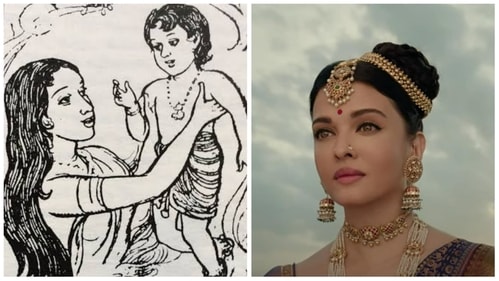 Mandakini Devi, as depicted in Maniam's sketch in the serialisation of Kalki's novel, is played by Aishwarya Rai in the Mani Ratnam film. Mandakini Devi, as depicted in Maniam's sketch in the serialisation of Kalki's novel, is played by Aishwarya Rai in the Mani Ratnam film.