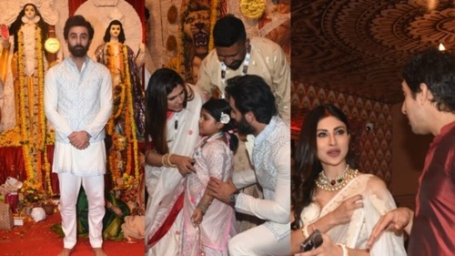 Ranbir Kapoor, Mouni Roy and Ayan Mukerji at the Ashtami celebrations on Monday. Ranbir Kapoor, Mouni Roy and Ayan Mukerji at the Ashtami celebrations on Monday.