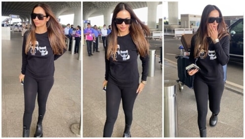 Malaika Arora dons a black sweatshirt and tights for her airport look. (HT Photo/Varinder Chawla) Malaika Arora dons a black sweatshirt and tights for her airport look. (HT Photo/Varinder Chawla)