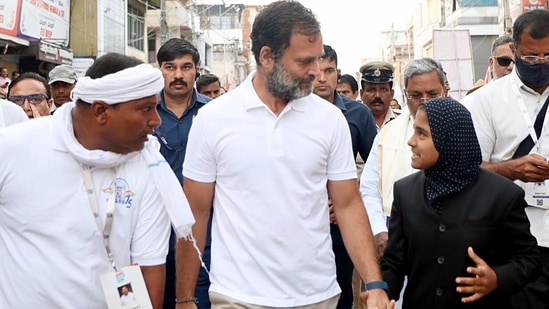 Mysuru, Oct 03 (ANI): Congress leader Rahul Gandhi with padayatris during the party's Bharat Jodo Yatra, in Mysuru on Monday. Leader of Opposition in Karnataka Assembly Siddaramaiah is also seen. (ANI Photo)(Congress Twitter)